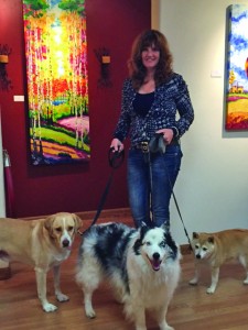Lisa Maus with Drake, left, TyeDye, center, and Foxy, right.