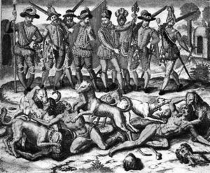 A painting showing Columbus’ use of dogs to hunt down indigenous peoples.