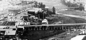 An aerial view of Sandpoint, circa 1905. The cribs began popping up on the left, or west side of Sand Creek. Photo courtesy of Bonner County Historical Society.