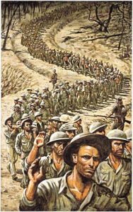 An artistic depiction of the Bataan Death March. Illustration by David K. Stone.