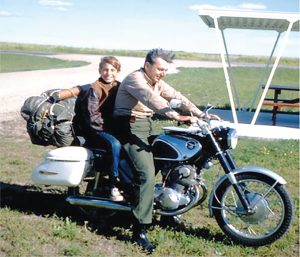 Robert Pirsig and his 12-year-old son Chris on the back of a Honda SuperHawk CB77. Wikipedia photo.